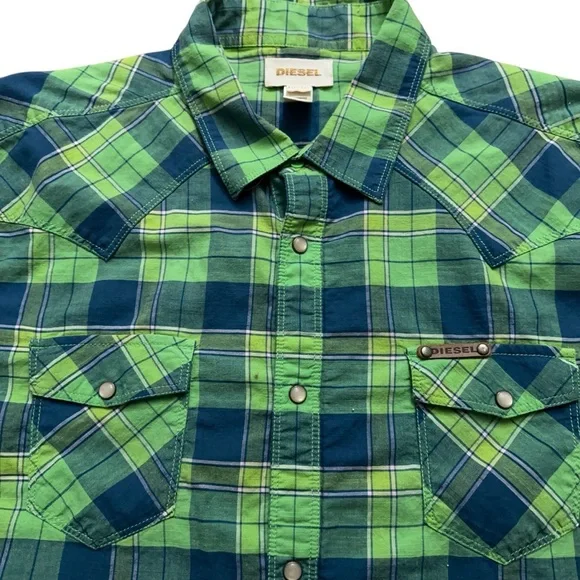 Diesel Shirt Mens Size 2XL Long Sleeve Pearl Snap Button Western Plaid Green - Picture 2 of 4